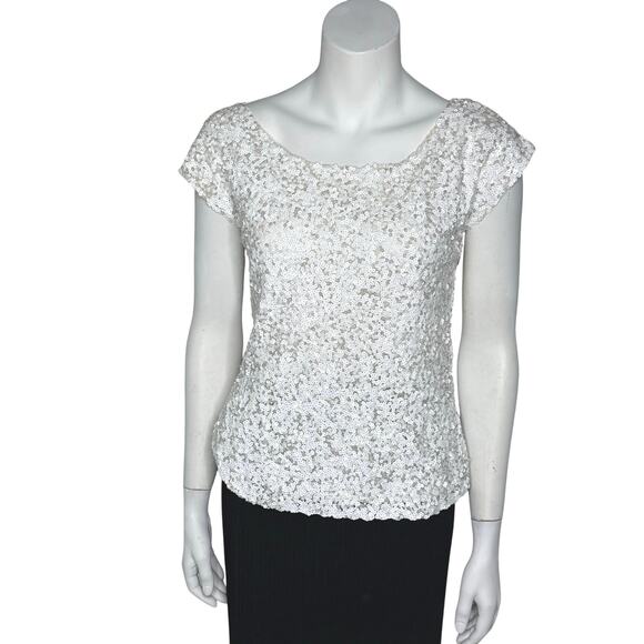 Josephine Sequin Evening Blouse Women’s Medium White Cap Sleeve Sparkle Top - Picture 5 of 5